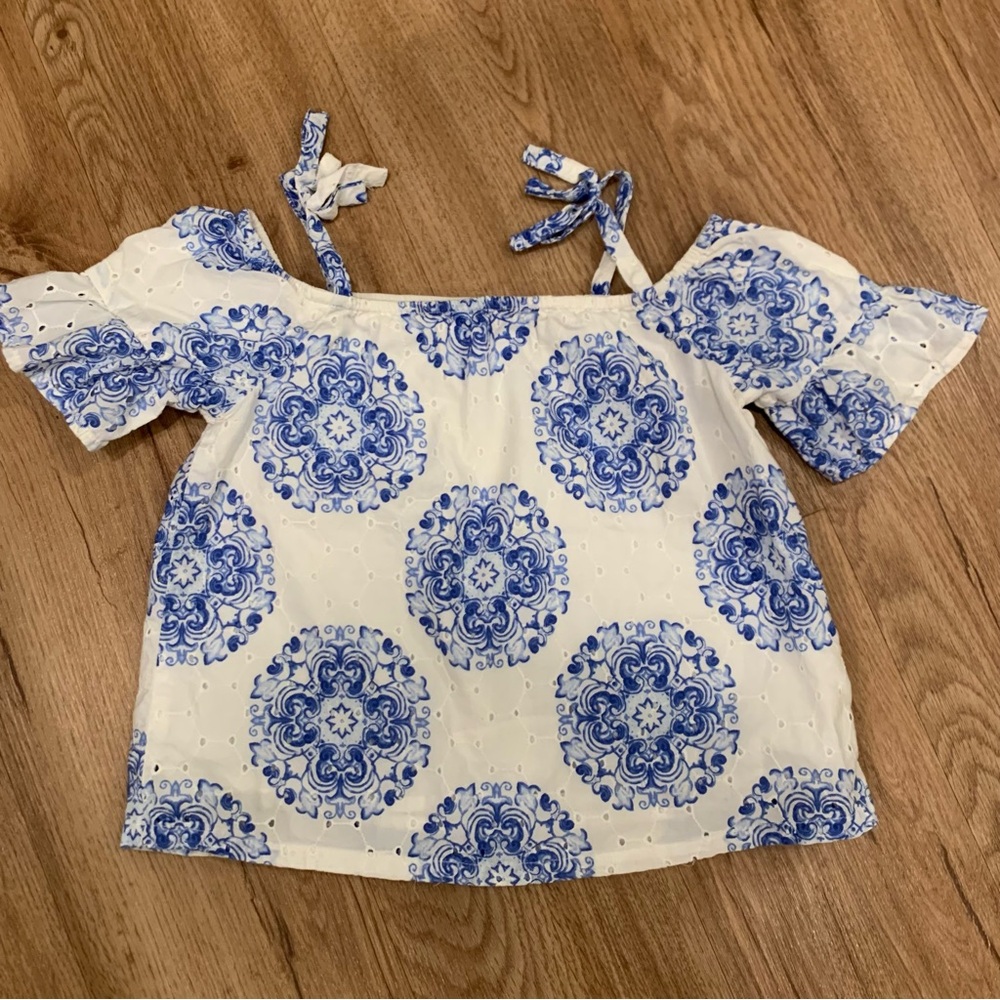 Rachel Zoe x Janie and Jack Girls Blue and White Off-Shoulder Top